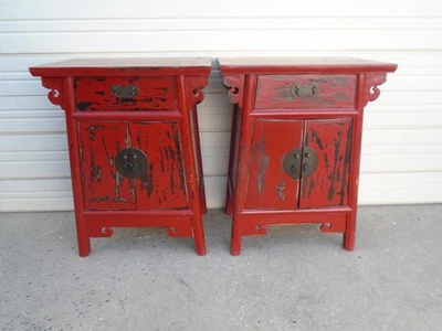 Par de Mesitas de Noche Altas Asiáticas Rojas 2 Chinoiserie Chinas Mesas Tibetanas ST Foto 1 de 4