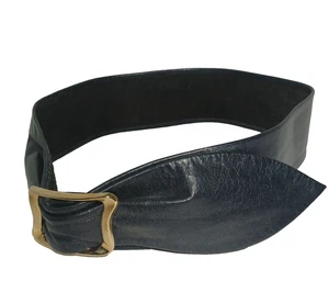 Vintage LEATHERSHOP Navy 2" WIDE HIP/WAIST BELT Gold Square Buckle SIZE S 26-28" - Picture 1 of 11