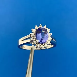 Designer 14K White Gold Oval Tanzanite White Topaz Halo Accent Anniversary Ring - Picture 1 of 6