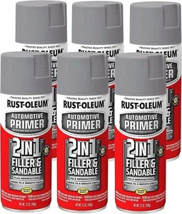 12 OZ AUTO PAINT SPRAY 2 In 1 Filler Sandable Primer Gray Rust Preventer 6 Pack - Picture 1 of 8