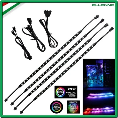 4X Striscia LED RGB per Case PC 5V 3Pin, ASUS AURA,GIGABYTE FUSION,MSI MYSTIC - Immagine 1 di 4