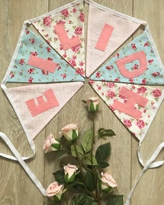 PERSONALISED FABRIC BUNTING BABY GIRL FLORAL £2.00/FLAG NURSERY/BIRTHDAY/BEDROOM - Picture 1 of 6