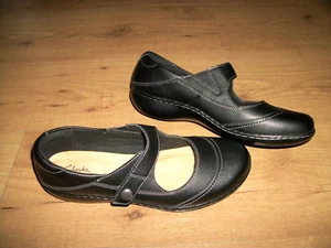 Clarks Mary Jane Shoes Ashland Elayne Black Leather Comfort Flat Sz 9.5 W - Picture 1 of 8