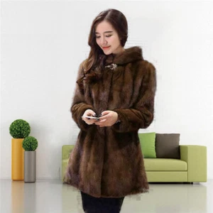 Mink Fur Coat Thicken Jacket Women's Winter Hooded Long Outdoor Real Solid Parka - Picture 1 of 19