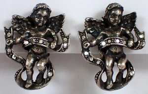 RARE Vtg Kirks Folly Antiqued Silver Cherub Angel Rhinestone Clip On Earrings - Picture 1 of 10