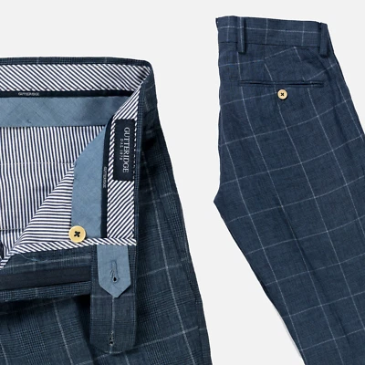 PANTALONE LINO GUTTERID NUOVO SENZA ETICHETTE VESTITO PANTALONE ABITI PLAID NAVY UOMO US 30 ITALIA 44 - Immagine 1 di 4