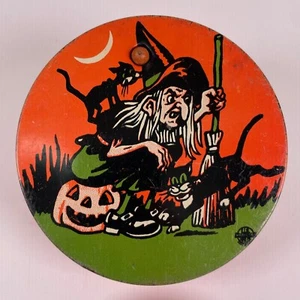 USA Metall Spielzeug Runde Hexe Schwarze Katze Ratsche 4" Blech Litho Halloween Krachmacher - Bild 1 von 9