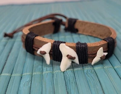 Fossil Shark Tooth Bracelet Surfer Bracelet Shark Teeth Bracelet Cuff Leather - Image 1 of 4