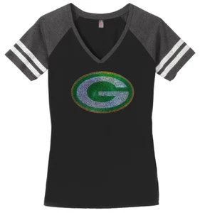 Women's Green Bay Packers Football Ladies Bling V-neck Shirt Size S-3XL - Picture 1 of 2