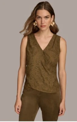 Blusa Donna Karan New York Metálica Floral Imitación Envoltura Sin Mangas Dorada Haya Foto 1 de 4