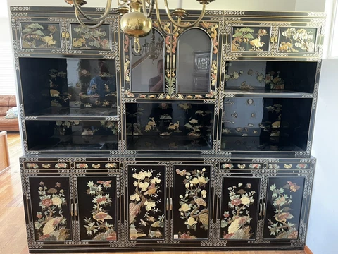Vintage Korean Pearl Inlay 4-Piece Cabinet Peacock Crane Fish Deer Birds Cover