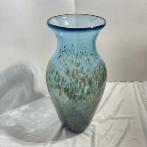 Murano Art Glass Vase Aventurine Gold Flake & Teal Aqua Blue 12.75” - Picture 1 of 7