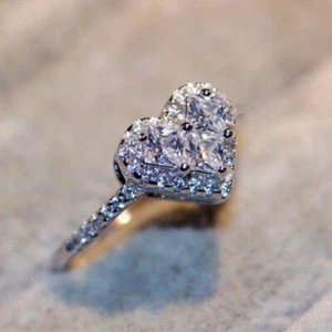 Women 925 Silver Wedding Heart Ring Cute Girl Cubic Zircon Jewelry Sz 6-10 - Picture 1 of 5