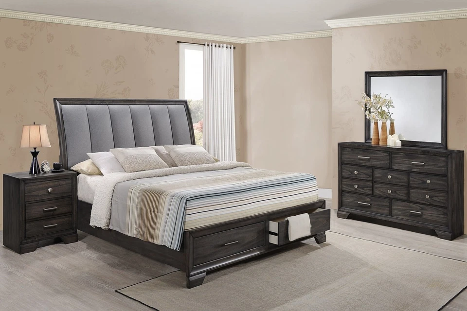 NEW Storage Queen King 4PC Dark Walnut Gray Rustic Platform Bedroom Set B/D/M/N - Image 1 of 4