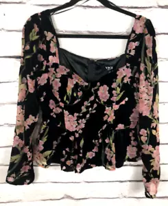 NWT Vici Womens Size M Black Floral Long Sheer Sleeve Shirt Ruched Front - Picture 1 of 6