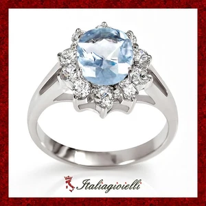 Sfarzoso Anello Brillante con Acquamarina in Argento 925 Rodiato Oro Bianco - Foto 1 di 8