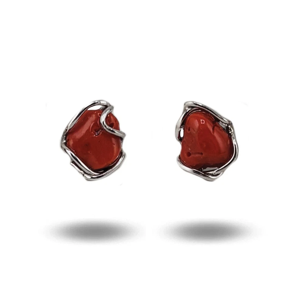 Orecchini a lobo Argento 925 corallo naturale gioiello artigianale minimal - Immagine 1 di 3