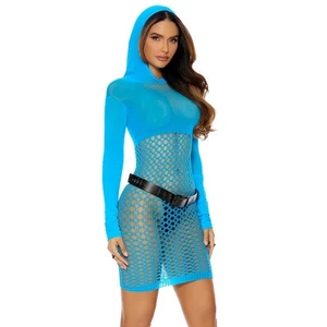 Long Sleeve Hooded Mini Dress Crochet Pot Holes Net Semi Sheer Neon Blue 8863 - Picture 1 of 4
