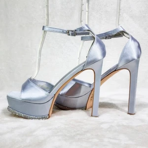 Zapatos Helen Plateados Satén Estrás Borde Fiesta Noche Plataforma Tacón Alto - Imagen 1 de 11