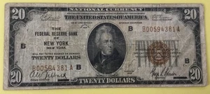 1929 $20 Brown seal, B-NY/NY, Fed. Res. Bank, F-1870B - Picture 1 of 2