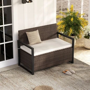 Neu! 150L Outdoor Aufbewahrungsbank PE Rattan Geflecht Deck Box Sitz mit Kissen - Braun - Bild 1 von 10