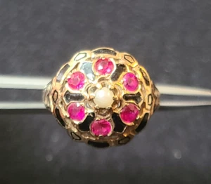 Wonderful 14K Victorian Ring with Black Enamel, Rubies and Pearl - size 7 - Picture 1 of 7