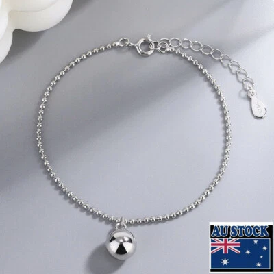 Woman Real s925 Sterling Silver Bead Ball Charm link Chain Bracelet Bangle  - Image 1 of 4