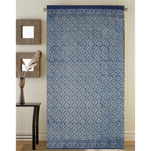 Handmade 100% Cotton Indigo Dabu Floral Block Print Curtain Drape Panel 46x88 - Picture 1 of 1