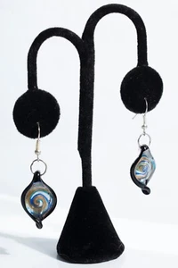 Vintage Erica Lyons Glass Bead Earrings 1.5" Black with Colorful Swirls - Picture 1 of 4