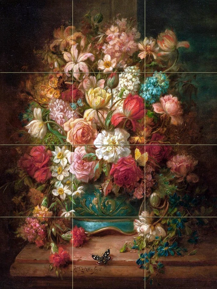 Still Life Flowers Butterflies Mural Kitchen Bathroom Backsplash Marble Ceramic - Image 1 of 1