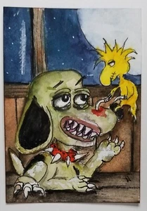 Aceo Original watercolor Painting Creepy Snoopy Woodstock Dog Horror Nikki - Picture 1 of 1