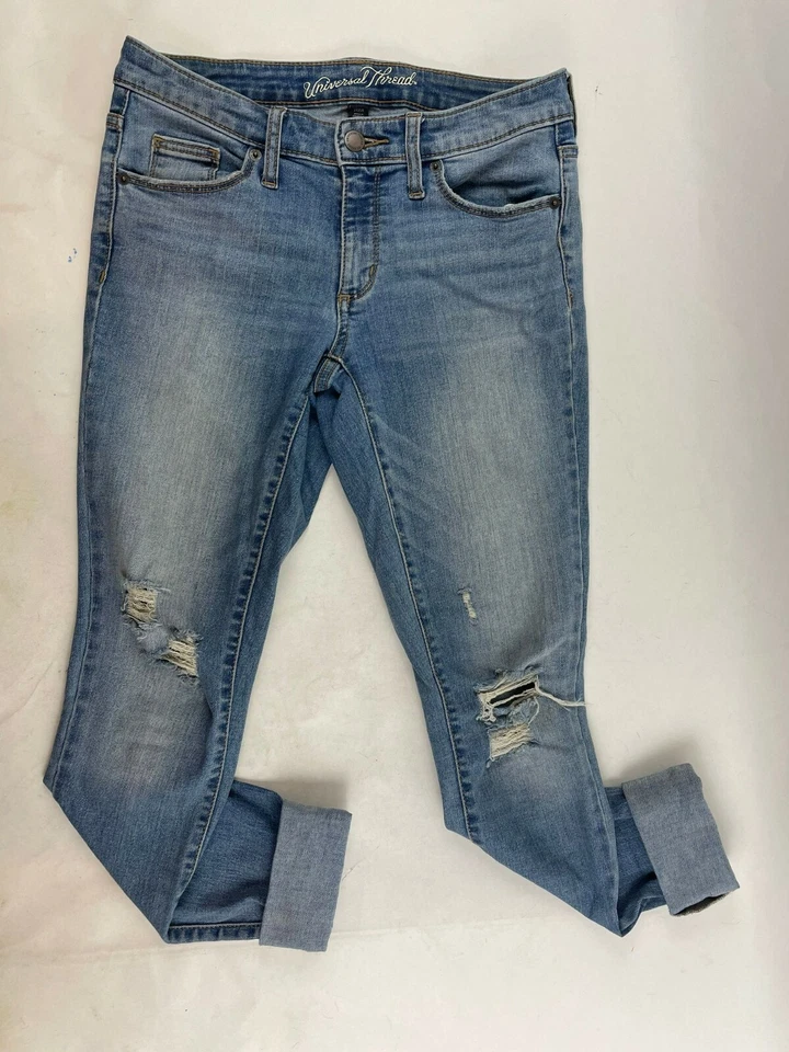 Универсальные джинсы с резьбой искусственно состаренные размер 2/26R синяя джинсовая ткань средняя посадка узкие низкая талия - Изображение 1 из 4