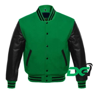 Varsity Letterman Baseball in GreenWool und echten schwarzen Lederärmeln JACKE - Bild 1 von 3