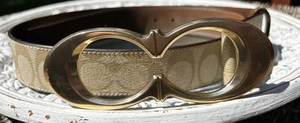 NWOT Coach Signature Buckle Belt 25 Mm Size L GOLD KHAKI TAN BROWN SADDLE - Picture 1 of 13