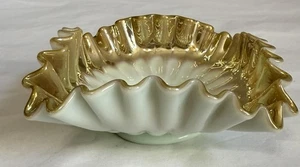 Antique New Martinsville Muranese/Sunburst Bride’s Bowl Ruffled Gold Tone Dish - Picture 1 of 23