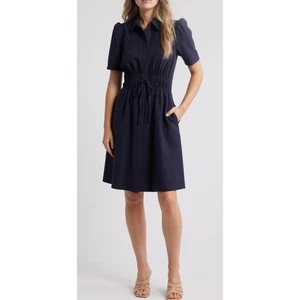 Eliza J Navy Blue Shirt Dress Short Sleeve Drawstring Waist Size 14 Career NWOT - Picture 1 of 8