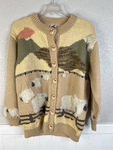 VTG Bonz Handmade Wool Knit Cardigan Sweater 3D Sheep Farm Country Long 2X Indie - Picture 1 of 11