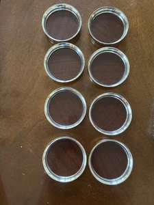 MCM Drink Coasters 3.5" Round Formica Wood Laminate Silver Patina Trim Set of 8 - Picture 1 of 3