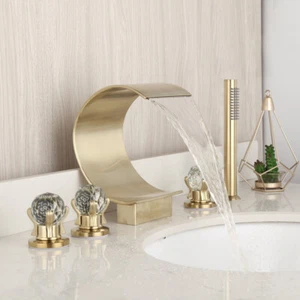 Waterfall Bathtub Filler HandSpray 3 Crystal Handle Gold Mixer Shower Faucet Set - Picture 1 of 12