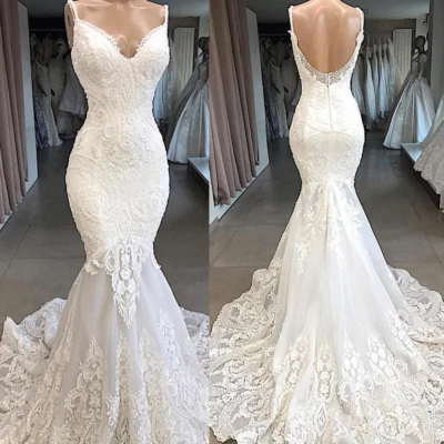 Elegant Mermaid Wedding Dresses V-Neck Sweep Train Lace Appliques Bridal Gowns - Image 1 of 4