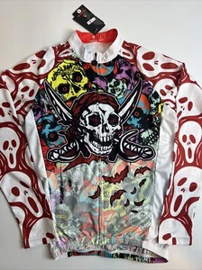 Paladin Men’s Long Sleeve Cycling Bike Jersey Large All Over Print Pirate Skulls - Picture 1 of 8