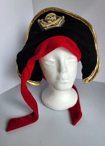 Black Velvet Buccaneer Pirate Hat with Red ties and gold trim Skull Insignia - Picture 1 of 6
