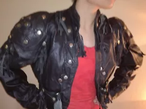 1980’s Ladies Vintage Black Leather Bolero Jacket M with Studs & Fringe Detail - Picture 1 of 12