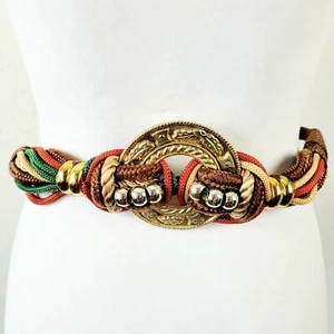 Vintage 1980's Bungee Belt Large Gold Medallion Brown Green Rust Stretchy - Picture 1 of 10