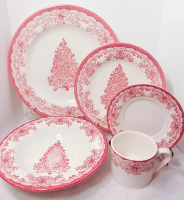 5 Pc. Staffordshire Engravings YULETIDE Dinnerware Set Pink/Red - Image 1 of 2