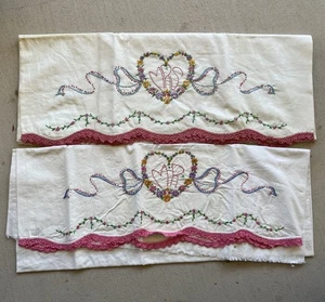 Vintage Paar Kissenbezüge handbestickt und gehäkelt Herr und Frau - Bild 1 von 7