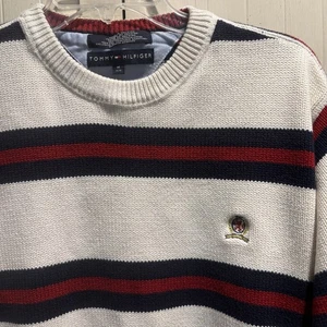 Jersey Tommy Hilfiger De Colección Para Hombre M Rojo Blanco Azul Años 90 Rayas Grueso Americana - Imagen 1 de 5