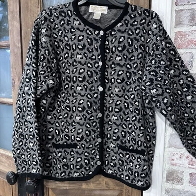 Tally Ho Woman’s Sweater Cardigan Cheetah Print Med Gray Carriage Buttons - Image 1 of 4