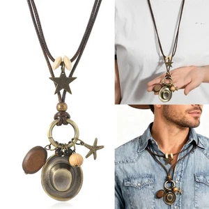 Retro Cowboy Hat Charm Necklace Handmade Wax Cord Alloy Bead Jewelry - Picture 1 of 9