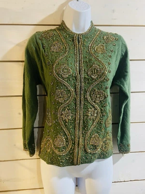 IMPRESIONANTE Cárdigan Vintage Cuentas a Mano Verde Dorado Mediano Cóctel Vacaciones (Defecto) Foto 1 de 4